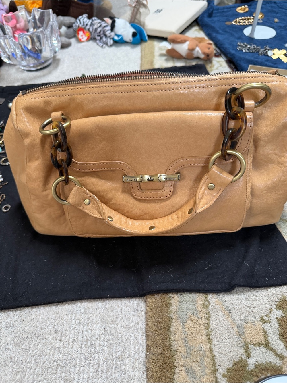 Elaine Turner Camel Leather Satchel with Tortoiseshell Chain Handles